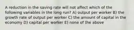 A reduction in the saving rate will not affect which of the following variables in the long run? A) output per worker B) the growth rate of output per worker C) the amount of capital in the economy D) capital per worker E) none of the above