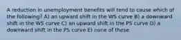 A reduction in unemployment benefits will tend to cause which of the following? A) an upward shift in the WS curve B) a downward shift in the WS curve C) an upward shift in the PS curve D) a downward shift in the PS curve E) none of these