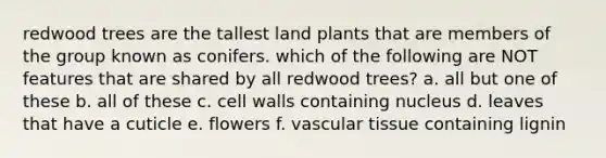 redwood trees are the tallest land plants that are members of the group known as conifers. which of the following are NOT features that are shared by all redwood trees? a. all but one of these b. all of these c. cell walls containing nucleus d. leaves that have a cuticle e. flowers f. vascular tissue containing lignin