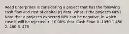 Reed Enterprises is considering a project that has the following cash flow and cost of capital (r) data. What is the project's NPV? Note that a project's expected NPV can be negative, in which case it will be rejected. r: 10.00% Year. Cash Flow. 0 -1050 1 450 2. 460 3. 470