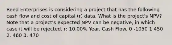 Reed Enterprises is considering a project that has the following cash flow and cost of capital (r) data. What is the project's NPV? Note that a project's expected NPV can be negative, in which case it will be rejected. r: 10.00% Year. Cash Flow. 0 -1050 1 450 2. 460 3. 470