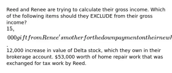 Reed and Renee are trying to calculate their gross income. Which of the following items should they EXCLUDE from their gross income? 15,000 gift from Renee's mother for the down payment on their new house.12,000 increase in value of Delta stock, which they own in their brokerage account. 53,000 worth of home repair work that was exchanged for tax work by Reed.