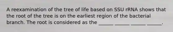 A reexamination of the tree of life based on SSU rRNA shows that the root of the tree is on the earliest region of the bacterial branch. The root is considered as the ______ ______ ______ ______.