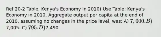 Ref 20-2 Table: Kenya's Economy in 2010) Use Table: Kenya's Economy in 2010. Aggregate output per capita at the end of 2010, assuming no changes in the price level, was: A) 7,000. B)7,005. C) 795. D)7,490