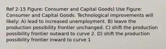 Ref 2-15 Figure: Consumer and Capital Goods) Use Figure: Consumer and Capital Goods. Technological improvements will likely: A) lead to increased unemployment. B) leave the production possibility frontier unchanged. C) shift the production possibility frontier outward to curve 2. D) shift the production possibility frontier inward to curve 1