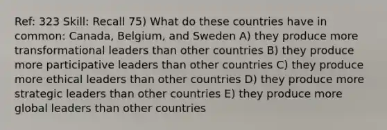 Ref: 323 Skill: Recall 75) What do these countries have in common: Canada, Belgium, and Sweden A) they produce more transformational leaders than other countries B) they produce more participative leaders than other countries C) they produce more ethical leaders than other countries D) they produce more strategic leaders than other countries E) they produce more global leaders than other countries