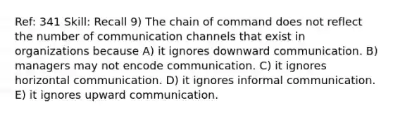 Ref: 341 Skill: Recall 9) The chain of command does not reflect the number of communication channels that exist in organizations because A) it ignores downward communication. B) managers may not encode communication. C) it ignores horizontal communication. D) it ignores informal communication. E) it ignores upward communication.