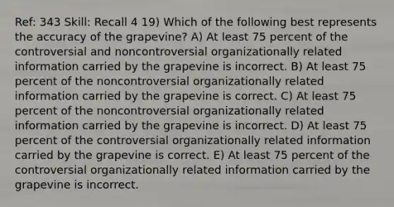 Ref: 343 Skill: Recall 4 19) Which of the following best represents the accuracy of the grapevine? A) At least 75 percent of the controversial and noncontroversial organizationally related information carried by the grapevine is incorrect. B) At least 75 percent of the noncontroversial organizationally related information carried by the grapevine is correct. C) At least 75 percent of the noncontroversial organizationally related information carried by the grapevine is incorrect. D) At least 75 percent of the controversial organizationally related information carried by the grapevine is correct. E) At least 75 percent of the controversial organizationally related information carried by the grapevine is incorrect.