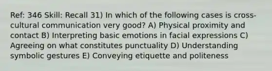 Ref: 346 Skill: Recall 31) In which of the following cases is cross-cultural communication very good? A) Physical proximity and contact B) Interpreting basic emotions in facial expressions C) Agreeing on what constitutes punctuality D) Understanding symbolic gestures E) Conveying etiquette and politeness