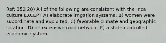 Ref: 352 28) All of the following are consistent with the Inca culture EXCEPT A) elaborate irrigation systems. B) women were subordinate and exploited. C) favorable climate and geographic location. D) an extensive road network. E) a state-controlled economic system.