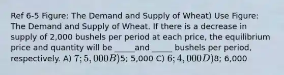 Ref 6-5 Figure: The Demand and Supply of Wheat) Use Figure: The Demand and Supply of Wheat. If there is a decrease in supply of 2,000 bushels per period at each price, the equilibrium price and quantity will be _____and _____ bushels per period, respectively. A) 7; 5,000 B)5; 5,000 C) 6; 4,000 D)8; 6,000