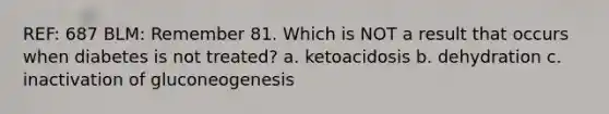 REF: 687 BLM: Remember 81. Which is NOT a result that occurs when diabetes is not treated? a. ketoacidosis b. dehydration c. inactivation of gluconeogenesis