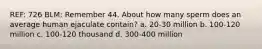 REF: 726 BLM: Remember 44. About how many sperm does an average human ejaculate contain? a. 20-30 million b. 100-120 million c. 100-120 thousand d. 300-400 million