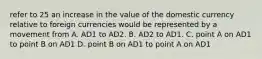 refer to 25 an increase in the value of the domestic currency relative to foreign currencies would be represented by a movement from A. AD1 to AD2. B. AD2 to AD1. C. point A on AD1 to point B on AD1 D. point B on AD1 to point A on AD1