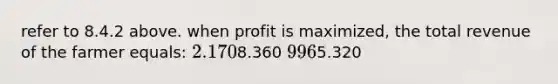 refer to 8.4.2 above. when profit is maximized, the total revenue of the farmer equals: 2.1708.360 9965.320