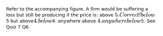 Refer to the accompanying figure. A firm would be suffering a loss but still be producing if the price is: above 5. Correct! below5 but above4. below4. anywhere above 4. anywhere below5. See Quiz 7 Q6