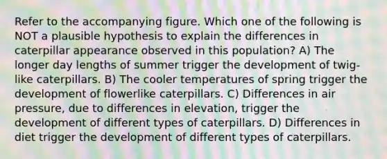 Refer to the accompanying figure. Which one of the following is NOT a plausible hypothesis to explain the differences in caterpillar appearance observed in this population? A) The longer day lengths of summer trigger the development of twig-like caterpillars. B) The cooler temperatures of spring trigger the development of flowerlike caterpillars. C) Differences in air pressure, due to differences in elevation, trigger the development of different types of caterpillars. D) Differences in diet trigger the development of different types of caterpillars.