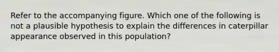 Refer to the accompanying figure. Which one of the following is not a plausible hypothesis to explain the differences in caterpillar appearance observed in this population?