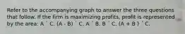 Refer to the accompanying graph to answer the three questions that follow. If the firm is maximizing profits, profit is represented by the area: A ´ C. (A - B) ´ C. A ´ B. B ´ C. (A + B ) ´ C.