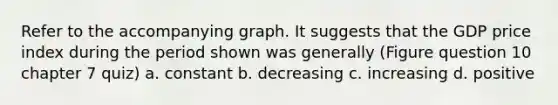 Refer to the accompanying graph. It suggests that the GDP price index during the period shown was generally (Figure question 10 chapter 7 quiz) a. constant b. decreasing c. increasing d. positive