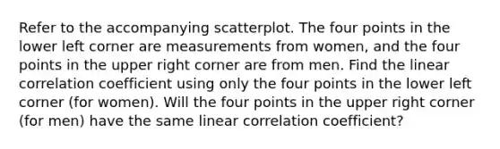 Refer to the accompanying scatterplot. The four points in the lower left corner are measurements from​ women, and the four points in the upper right corner are from men. Find the linear correlation coefficient using only the four points in the lower left corner​ (for women). Will the four points in the upper right corner​ (for men) have the same linear correlation​ coefficient?