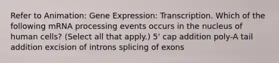 Refer to Animation: <a href='https://www.questionai.com/knowledge/kFtiqWOIJT-gene-expression' class='anchor-knowledge'>gene expression</a>: Transcription. Which of the following m<a href='https://www.questionai.com/knowledge/kapY3KpASG-rna-processing' class='anchor-knowledge'>rna processing</a> events occurs in the nucleus of human cells? (Select all that apply.) 5' cap addition poly-A tail addition excision of introns splicing of exons