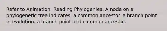 Refer to Animation: Reading Phylogenies. A node on a phylogenetic tree indicates: a common ancestor. a branch point in evolution. a branch point and common ancestor.