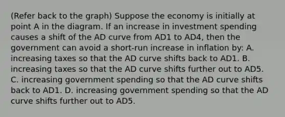 (Refer back to the graph) Suppose the economy is initially at point A in the diagram. If an increase in investment spending causes a shift of the AD curve from AD1 to AD4, then the government can avoid a short-run increase in inflation by: A. increasing taxes so that the AD curve shifts back to AD1. B. increasing taxes so that the AD curve shifts further out to AD5. C. increasing government spending so that the AD curve shifts back to AD1. D. increasing government spending so that the AD curve shifts further out to AD5.