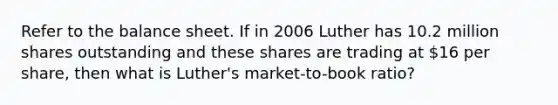 Refer to the balance sheet. If in 2006 Luther has 10.2 million shares outstanding and these shares are trading at 16 per share, then what is Luther's market-to-book ratio?