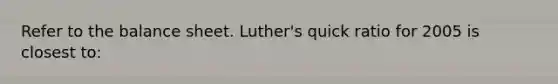 Refer to the balance sheet. Luther's quick ratio for 2005 is closest to: