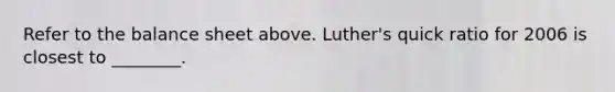 Refer to the balance sheet above. Luther's quick ratio for 2006 is closest to ________.