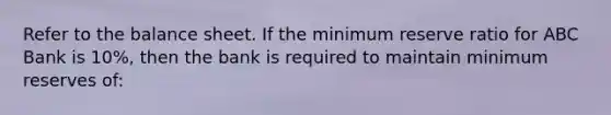 Refer to the balance sheet. If the minimum reserve ratio for ABC Bank is 10%, then the bank is required to maintain minimum reserves of: