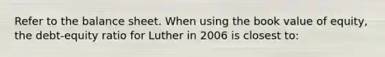 Refer to the balance sheet. When using the book value of equity, the debt-equity ratio for Luther in 2006 is closest to: