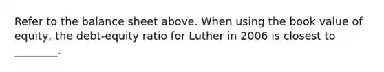 Refer to the balance sheet above. When using the book value of equity, the debt-equity ratio for Luther in 2006 is closest to ________.