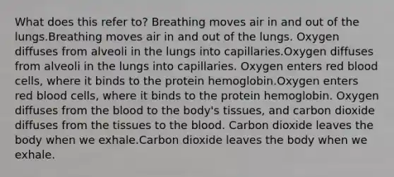 What does this refer to? Breathing moves air in and out of the lungs.Breathing moves air in and out of the lungs. Oxygen diffuses from alveoli in the lungs into capillaries.Oxygen diffuses from alveoli in the lungs into capillaries. Oxygen enters red blood cells, where it binds to the protein hemoglobin.Oxygen enters red blood cells, where it binds to the protein hemoglobin. Oxygen diffuses from the blood to the body's tissues, and carbon dioxide diffuses from the tissues to the blood. Carbon dioxide leaves the body when we exhale.Carbon dioxide leaves the body when we exhale.