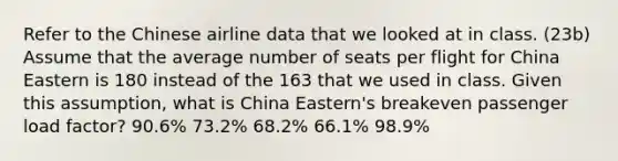 Refer to the Chinese airline data that we looked at in class. (23b) Assume that the average number of seats per flight for China Eastern is 180 instead of the 163 that we used in class. Given this assumption, what is China Eastern's breakeven passenger load factor? 90.6% 73.2% 68.2% 66.1% 98.9%