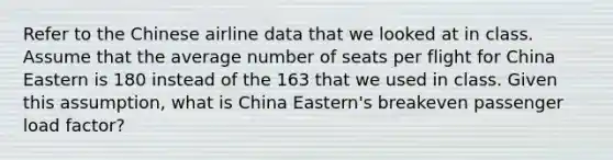 Refer to the Chinese airline data that we looked at in class. Assume that the average number of seats per flight for China Eastern is 180 instead of the 163 that we used in class. Given this assumption, what is China Eastern's breakeven passenger load factor?