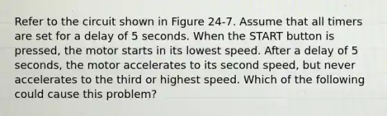 Refer to the circuit shown in Figure 24-7. Assume that all timers are set for a delay of 5 seconds. When the START button is pressed, the motor starts in its lowest speed. After a delay of 5 seconds, the motor accelerates to its second speed, but never accelerates to the third or highest speed. Which of the following could cause this problem?