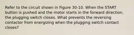 Refer to the circuit shown in Figure 30-10. When the START button is pushed and the motor starts in the forward direction, the plugging switch closes. What prevents the reversing contactor from energizing when the plugging switch contact closes?