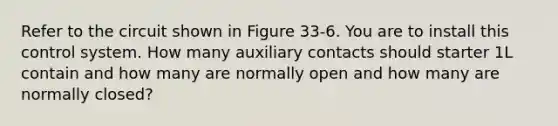 Refer to the circuit shown in Figure 33-6. You are to install this control system. How many auxiliary contacts should starter 1L contain and how many are normally open and how many are normally closed?