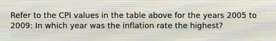 Refer to the CPI values in the table above for the years 2005 to 2009: In which year was the inflation rate the highest?