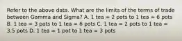 Refer to the above data. What are the limits of the terms of trade between Gamma and Sigma? A. 1 tea = 2 pots to 1 tea = 6 pots B. 1 tea = 3 pots to 1 tea = 6 pots C. 1 tea = 2 pots to 1 tea = 3.5 pots D. 1 tea = 1 pot to 1 tea = 3 pots