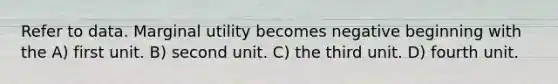 Refer to data. Marginal utility becomes negative beginning with the A) first unit. B) second unit. C) the third unit. D) fourth unit.