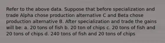 Refer to the above data. Suppose that before specialization and trade Alpha chose production alternative C and Beta chose production alternative B. After specialization and trade the gains will be: a. 20 tons of fish b. 20 ton of chips c. 20 tons of fish and 20 tons of chips d. 240 tons of fish and 20 tons of chips