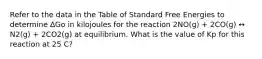 Refer to the data in the Table of Standard Free Energies to determine ∆Go in kilojoules for the reaction 2NO(g) + 2CO(g) ↔ N2(g) + 2CO2(g) at equilibrium. What is the value of Kp for this reaction at 25 C?