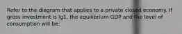Refer to the diagram that applies to a private closed economy. If gross investment is Ig1, the equilibrium GDP and the level of consumption will be: