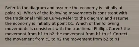 Refer to the diagram and assume the economy is initially at point b1. Which of the following movements is consistent with the traditional Phillips Curve?Refer to the diagram and assume the economy is initially at point b1. Which of the following movements is consistent with the traditional Phillips Curve? the movement from b1 to b2 the movement from b1 to c1 Correct the movement from c1 to b2 the movement from b2 to b1