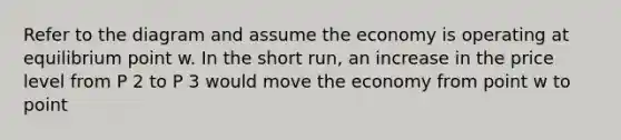 Refer to the diagram and assume the economy is operating at equilibrium point w. In the short run, an increase in the price level from P 2 to P 3 would move the economy from point w to point