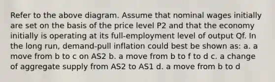 Refer to the above diagram. Assume that nominal wages initially are set on the basis of the price level P2 and that the economy initially is operating at its full-employment level of output Qf. In the long run, demand-pull inflation could best be shown as: a. a move from b to c on AS2 b. a move from b to f to d c. a change of aggregate supply from AS2 to AS1 d. a move from b to d