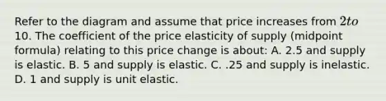 Refer to the diagram and assume that price increases from 2 to10. The coefficient of the price elasticity of supply (<a href='https://www.questionai.com/knowledge/krQgbthmAm-midpoint-formula' class='anchor-knowledge'>midpoint formula</a>) relating to this price change is about: A. 2.5 and supply is elastic. B. 5 and supply is elastic. C. .25 and supply is inelastic. D. 1 and supply is unit elastic.